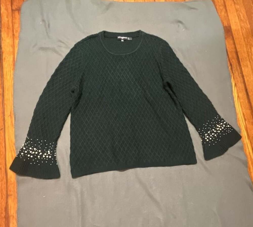 Karl Lagerfeld Paris Sweater Size XL Dark Green Faux Pearl Bell Sleeve